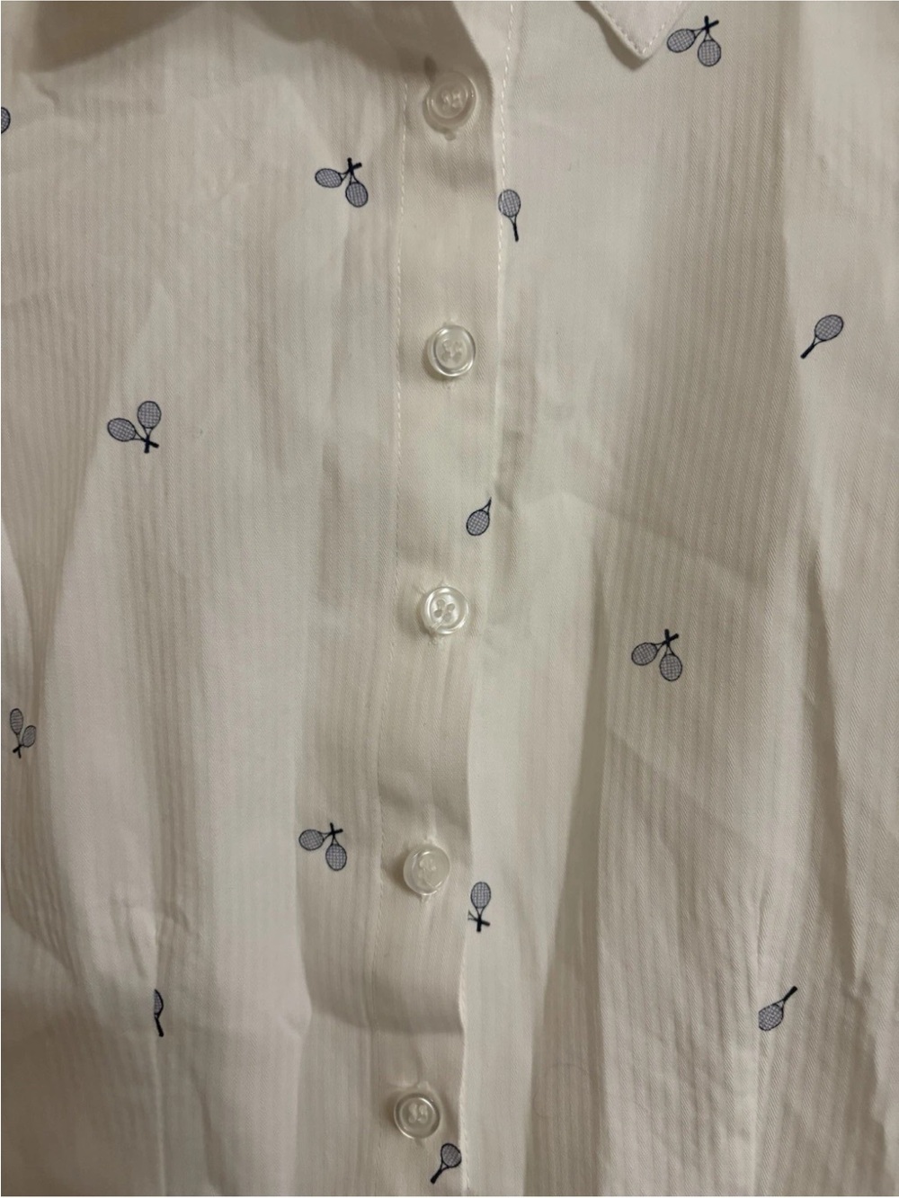Pink Rose White Button-Down Shirt with Navy Micro Tennis Racket Print - Picture 3 of 7